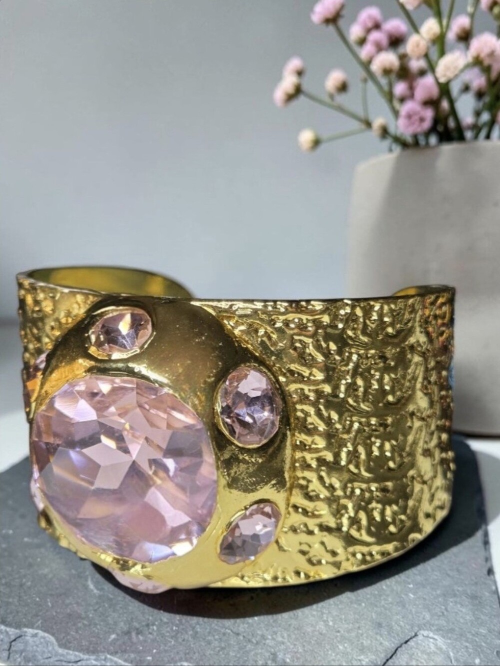 18k Gold Plated Hammered Pink AB Austrian Crystal Candy Dopamine Cuff Bracelet